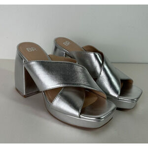 BP Nordstrom Silver Platform Strap Sandal Mules Block Heels Women's 7
